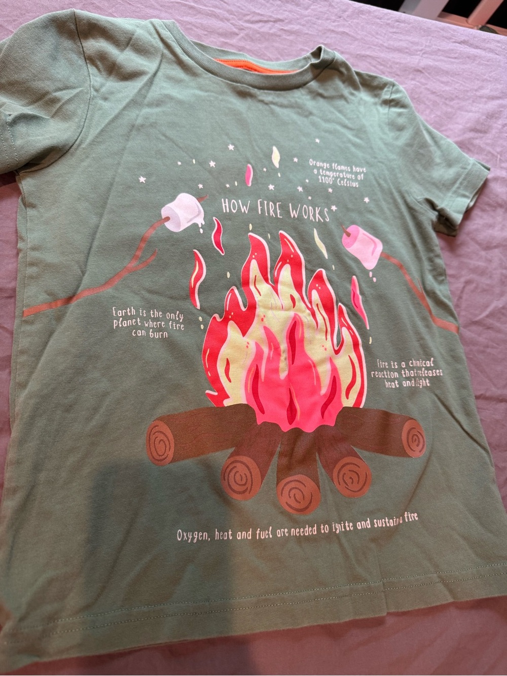 Source Unknown Green Kids Tee with Red & Pink Campfire Graphic